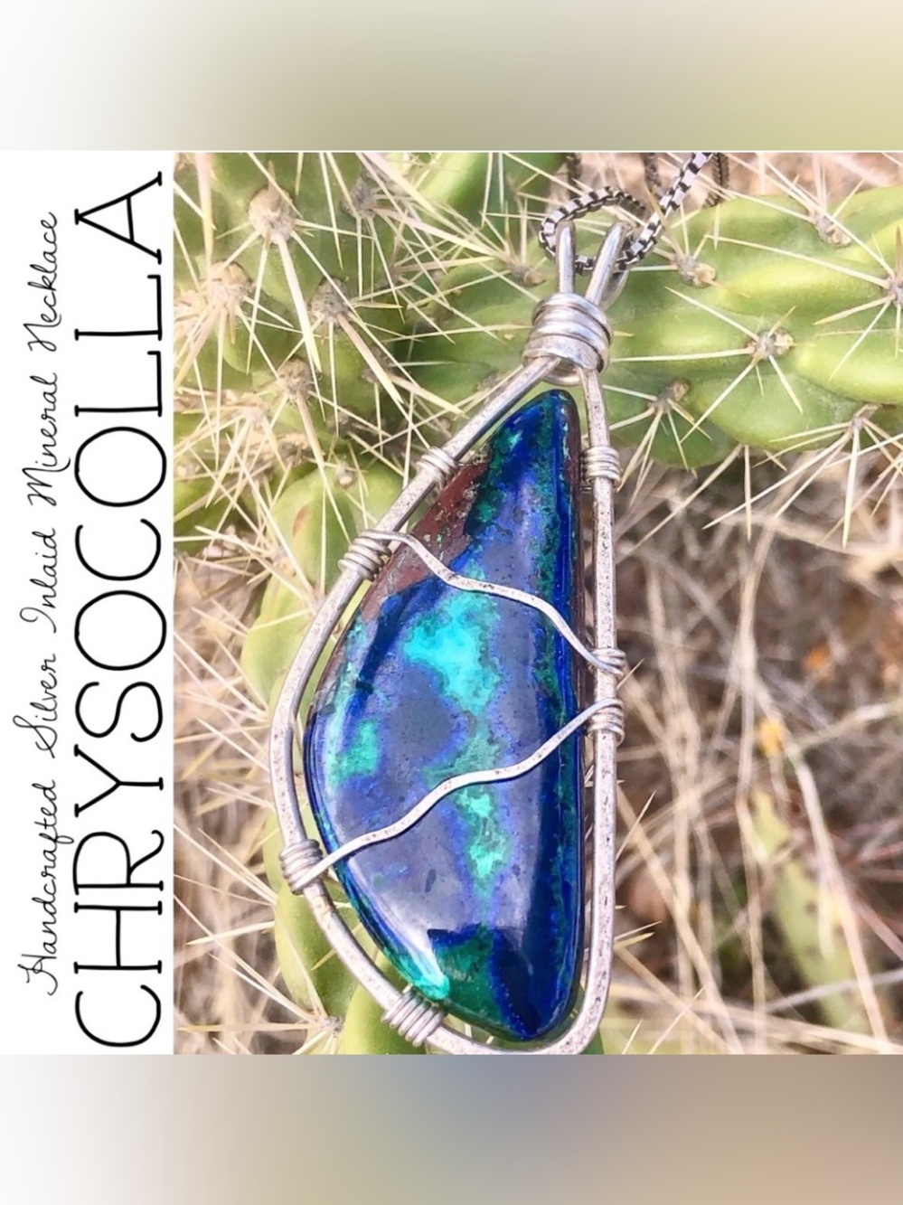 Handcrafted Silver Inlaid Chrysocolla Mineral Necklace
